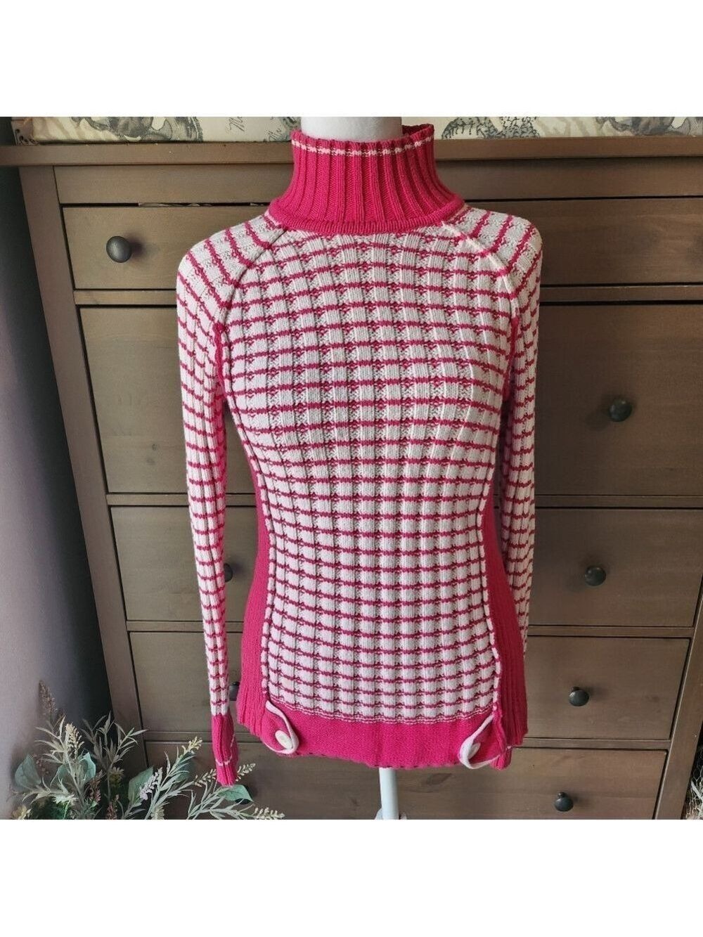 NILS Pink and White Ribbed Grid Turtleneck Sweater